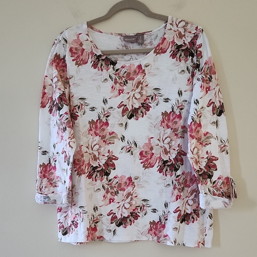 Chico's White Floral 3/4 Sleeve Top with Pink Blooms